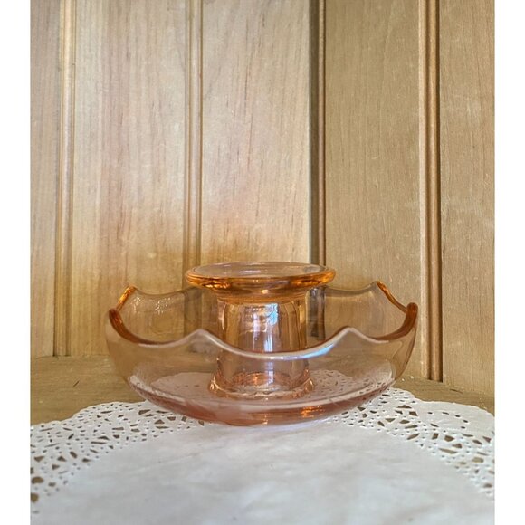 Vintage Pink Depression Elegant Glass Candle Holder Etched Floral Design - Picture 4 of 7